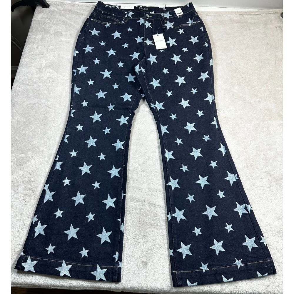 NWT Judy Blue Star Print Flare Jeans Women 18W Dark Wash High Rise Patriotic